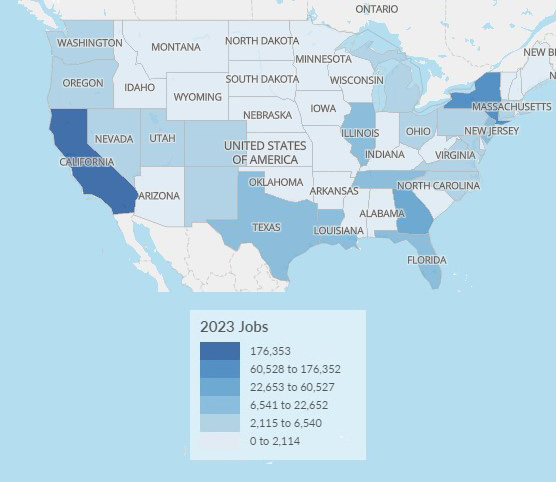 2023 Jobs Map | Camoin Associates Map showing the number of film and television jobs by state in 2023