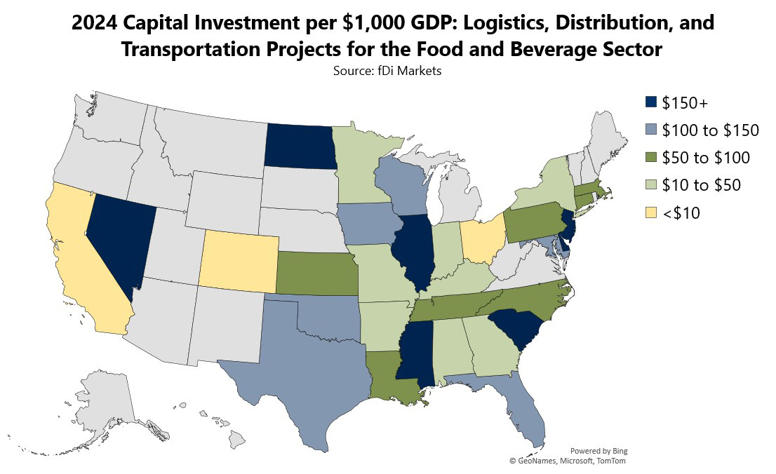 ,000 GDP: California, Colorado, and Ohio. All other states are greyed out, indicating no investment. The data source is fDi Markets.