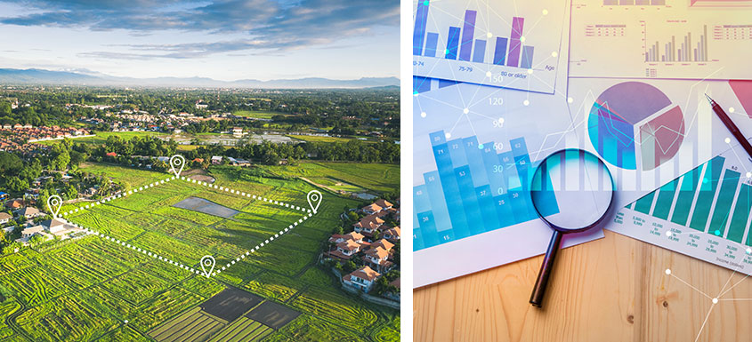 Two images show the outline of a planned real estate development over the top of an aerial photo of a rural community and a variety of printed data charts with magnifying glass laying on top