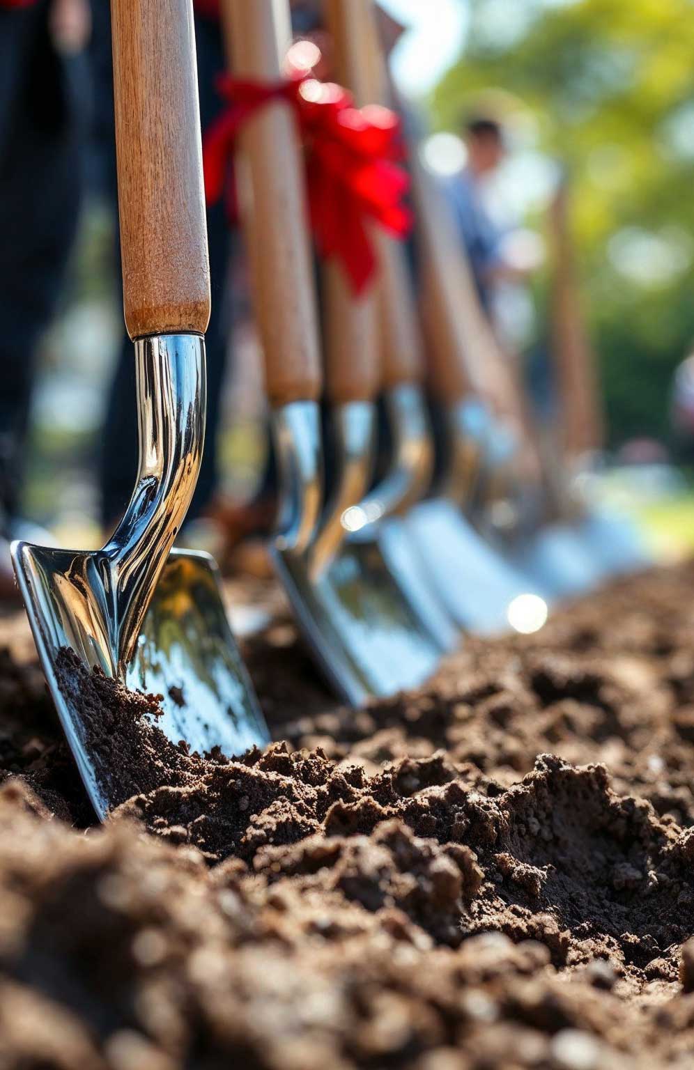 A group of VIPs stand in front of silver shovels in freshly turned earth at a groundbreaking ceremony