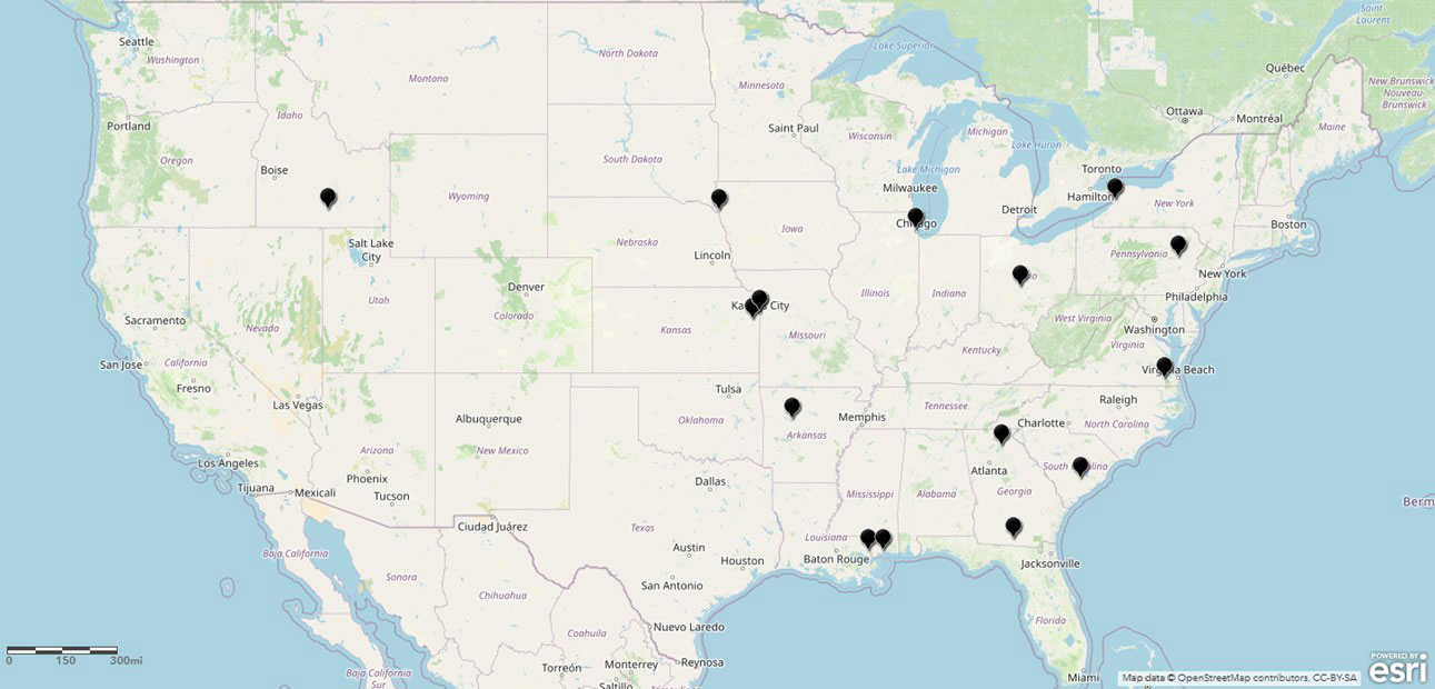 A map of the United States of America shows that FDI investments in cold storage facilities for the Agribusiness sector in 2024 (through July) occurred in southern Idaho, on the South Dakota-Iowa border, on the Kansas-Missouri border, in Arkansas, on the Louisiana-Mississippi border, in Georgia, in South Carolina, in Illinois, in Ohio, in New York, in Pennsylvania, and in Virginia. Source: Esri