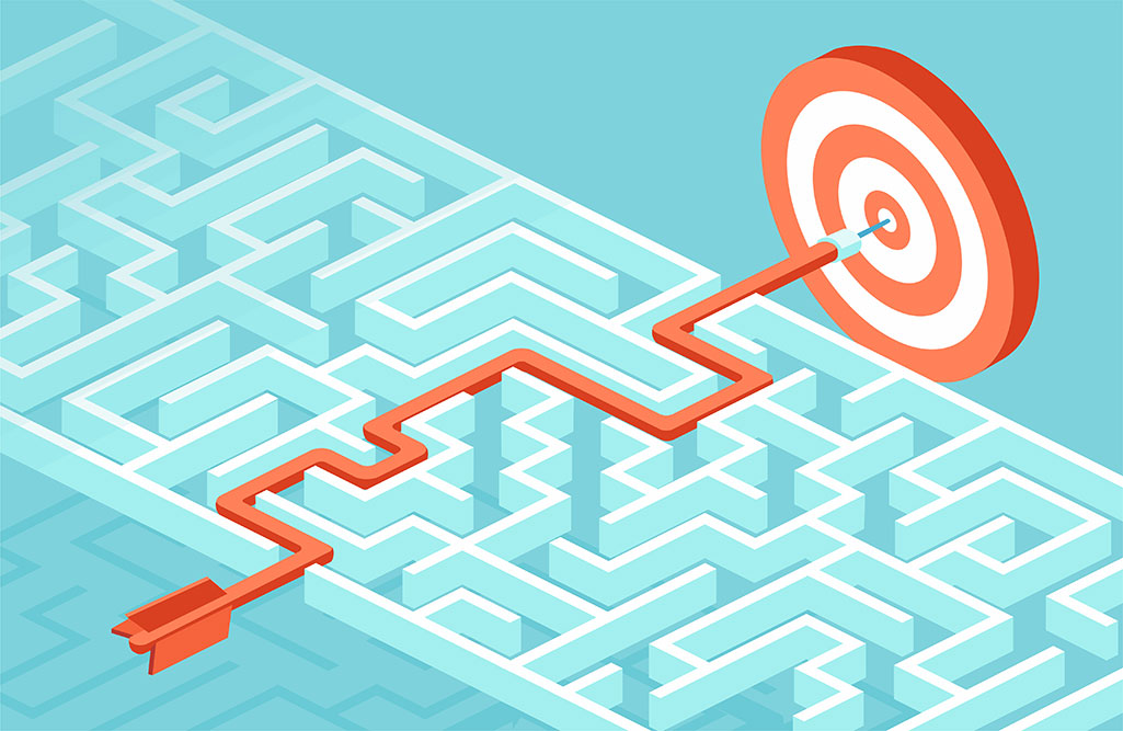 A red arrow runs through a complex maze to eventually end up at a red and white target