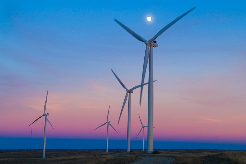 Wind turbines at sunset